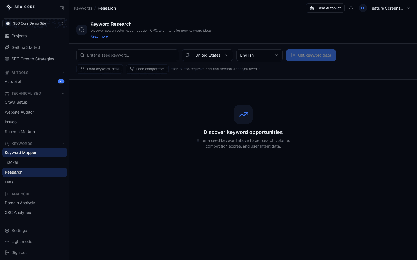 Keyword Research interface